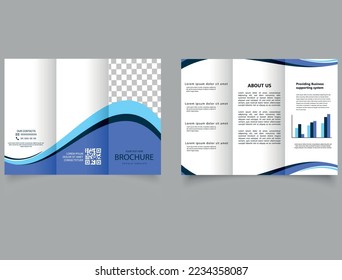 Trifold brochure with blue waves. Advertising leaflet. booklet. Business chart.