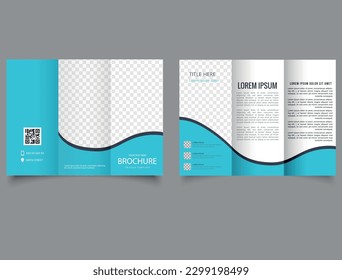 Trifold brochure with blue waves. Corporate brochure, trifold template design.