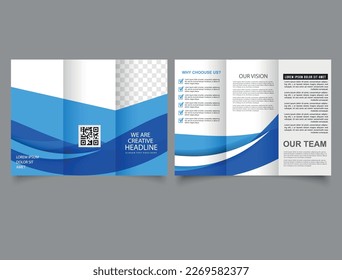 Trifold brochure with blue waves. Flyer design for advertising.