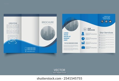 Trifold brochure with blue waves. Tri-fold brochure, print ready,