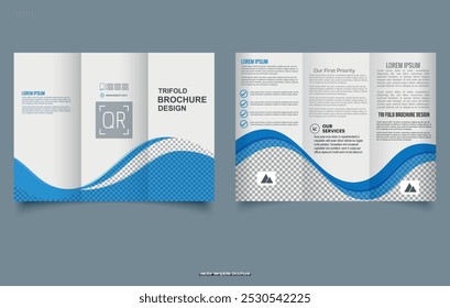 Trifold brochure with blue waves. Vector illustration. Trifold Print Ready Brochure Template.