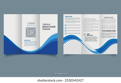 Trifold brochure with blue waves. Vector illustration. Trifold Print Ready Brochure Template.