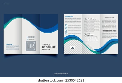 Trifold brochure with blue waves. Vector illustration. Trifold Print Ready Brochure Template.