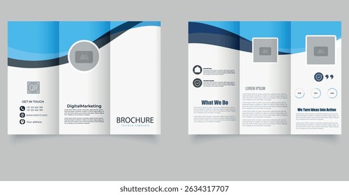 Trifold brochure with blue waves. Vector illustration. Trifold Print Ready Brochure Template.