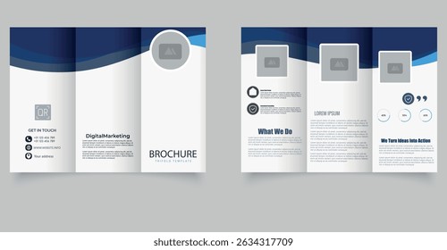 Trifold brochure with blue waves. Vector illustration. Trifold Print Ready Brochure Template.