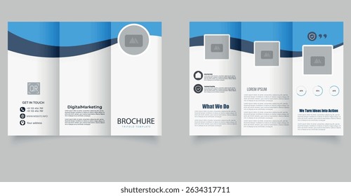Trifold brochure with blue waves. Vector illustration. Trifold Print Ready Brochure Template.
