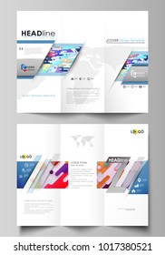 Tri-fold brochure business templates. Abstract vector design layout. Bright color lines and dots, colorful minimalist backdrop with geometric shapes forming beautiful minimalistic background.