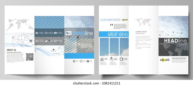 Tri-fold brochure business templates. Easy editable vector layout. Blue color abstract design infographic background in minimalist style with lines, symbols, charts, diagrams and other elements.