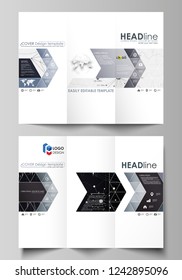 Tri-fold brochure business templates. Easy editable vector layout. Abstract design infographic background in minimalist style with lines, symbols, charts, diagrams and other elements.