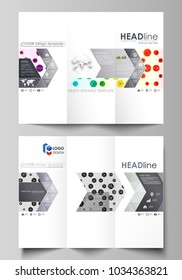 Tri-fold brochure business templates on both sides. Abstract vector layout in flat style. Chemistry pattern, hexagonal design molecule structure, medical DNA research. Geometric colorful background.