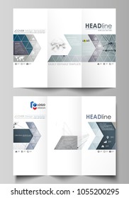 Tri-fold brochure business templates on both sides. Easy editable abstract vector layout in flat design. DNA and neurons molecule structure. Medicine, science, technology concept. Scalable graphic.