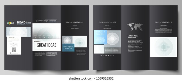 Tri-fold brochure business templates on both sides. Easy editable abstract vector layout in flat design. Minimalistic background with lines. Gray color geometric shapes forming beautiful pattern.