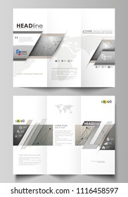 Tri-fold brochure business templates on both sides. Easy editable abstract vector layout in flat design. Chemistry pattern, molecule structure on gray background. Science and technology concept.