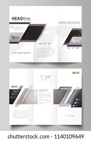 Tri-fold brochure business templates on both sides. Easy editable vector layout in flat design. Dark color triangles and colorful circles. Abstract polygonal style modern background.