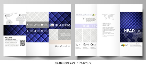 Tri-fold brochure business templates on both sides. Easy editable abstract vector layout in flat design. Shiny fabric, rippled texture, white and blue color silk, colorful vintage style background.