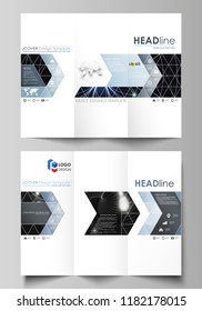 Tri-fold brochure business templates on both sides. Easy editable abstract vector layout in flat design. Sacred geometry, glowing geometrical ornament. Mystical background.