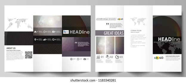 Tri-fold brochure business templates on both sides. Easy editable abstract vector layout in flat design. Dark color triangles and colorful circles. Abstract polygonal style modern background.