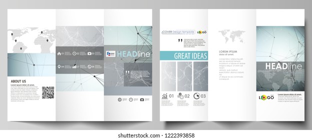 Tri-fold brochure business templates on both sides. Abstract vector layout in flat design. Chemistry pattern, connecting lines and dots, molecule structure, scientific medical DNA research.