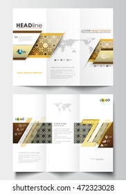 Tri-fold brochure business templates on both sides. Easy editable abstract layout in flat design. Islamic gold pattern, overlapping geometric shapes forming ornament. Vector golden texture.