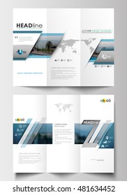 Tri-fold brochure business templates on both sides. Flat design blue color travel decoration layout, easy editable vector template, colorful blurred natural landscape.