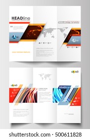 Tri-fold brochure business templates on both sides. Easy editable flat layout. Abstract lines background with color glowing neon streams, motion design vector.