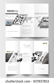 Tri-fold brochure business templates on both sides. Easy editable flat layout. Abstract triangle design background, modern gray color polygonal vector.
