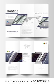 Tri-fold brochure business templates on both sides. Easy editable layout in flat style, vector illustration. Abstract waves, lines and curves. Dark color background. Motion design.