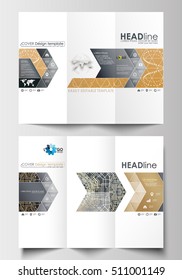 Tri-fold brochure business templates on both sides. Easy editable abstract layout in flat design. Golden technology background, connection structure with connecting dots and lines, science vector.