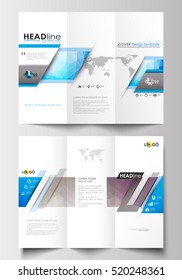 Tri-fold brochure business templates on both sides. Easy editable layout in flat design. Abstract triangles, blue triangular background, colorful polygonal pattern