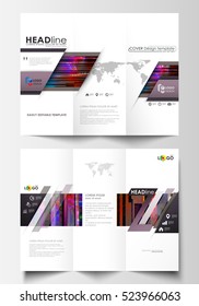 Tri-fold brochure business templates on both sides. Abstract layout in vector design. Glitched background made of colorful pixel mosaic. Digital decay, signal error, television fail. Glitch backdrop