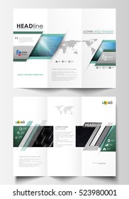 Tri-fold brochure business templates on both sides. Easy editable abstract vector layout in flat design. Chemistry pattern, hexagonal molecule structure. Medicine, science, technology concept.