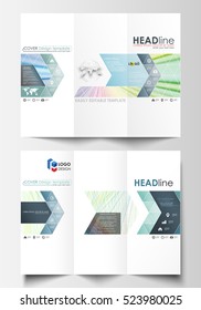 Tri-fold brochure business templates on both sides. Easy editable layout in flat style, vector illustration. Colorful background with abstract waves, lines. Bright color curves. Motion design.