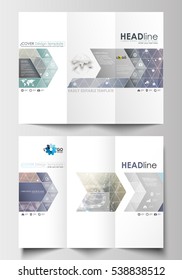 Tri-fold brochure business templates on both sides. Easy editable abstract layout in flat design. DNA molecule structure, blue background. Scientific research, medical technology.