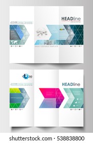 Tri-fold brochure business templates on both sides. Easy editable layout in flat design. Abstract triangles, blue triangular background, modern colorful polygonal vector.