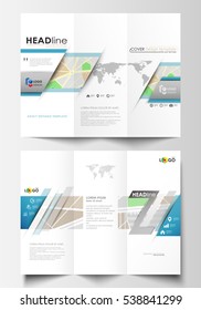 Tri-fold brochure business templates on both sides. Easy editable layout. City map with streets. Flat design template for tourism businesses, abstract vector illustration.