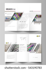 Tri-fold brochure business templates on both sides. Easy editable abstract vector layout in flat design. Colorful background made of stripes. Abstract tubes and dots. Glowing multicolored texture.