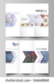 Tri-fold brochure business templates on both sides. Easy editable abstract vector layout in flat design. Bright color background in minimalist style made from colorful circles.