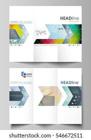 Tri-fold brochure business templates on both sides. Easy editable layout in flat style, vector illustration. Colorful design, overlapping geometric shapes, waves forming abstract beautiful background.