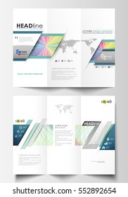 Tri-fold brochure business templates on both sides. Easy editable layout in flat style, vector illustration. Colorful background with abstract waves, lines. Bright color curves. Motion design.