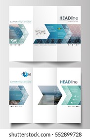 Tri-fold brochure business templates on both sides. Flat design blue color travel decoration layout, easy editable vector template, colorful blurred natural landscape.