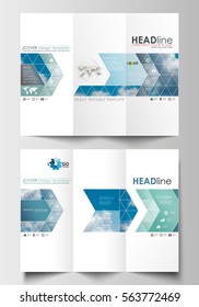 Tri-fold brochure, business templates on both sides. Easy editable abstract blue layout in flat design, vector illustration.