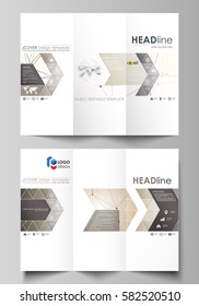 Tri-fold brochure business templates on both sides. Abstract vector layout in flat design. Technology, science, medical concept. Golden dots and lines, cybernetic digital style. Lines plexus.