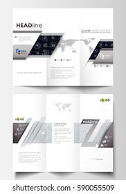 Tri-fold brochure business templates on both sides. Easy editable layouts. High tech design, connecting system. Science and technology concept. Futuristic abstract vector background