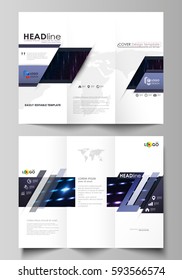 Tri-fold brochure business templates on both sides. Layout in flat style. Colorful neon dots, dotted technology background. Glowing particles, led light pattern, futuristic digital vector design.