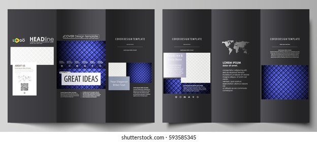 Tri-fold brochure business templates on both sides. Easy editable abstract vector layout in flat design. Shiny fabric, rippled texture, white and blue color silk, colorful vintage style background.
