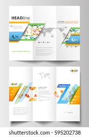 Tri-fold brochure business templates on both sides. Easy editable abstract layout in flat design. Abstract triangles, triangular background, modern colorful polygonal vector