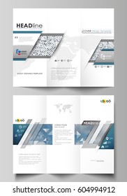 Tri-fold brochure business templates on both sides. Easy editable layout in flat style. Blue color pattern with rhombuses, abstract design geometrical vector background. Simple modern stylish texture.