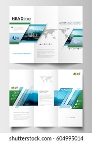 Tri-fold brochure business templates on both sides. Flat design blue color travel decoration layout, easy editable vector template, colorful blurred natural landscape.