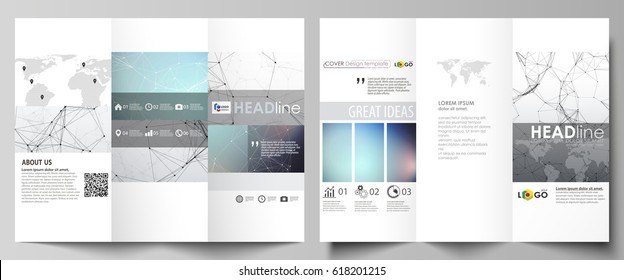 Tri-fold brochure business templates on both sides. Abstract vector layout in flat design. Compounds lines and dots. Big data visualization in minimal style. Graphic communication background