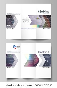 Tri-fold brochure business templates on both sides. Easy editable abstract vector layout. Retro style, mystical Sci-Fi background. Futuristic trendy design.